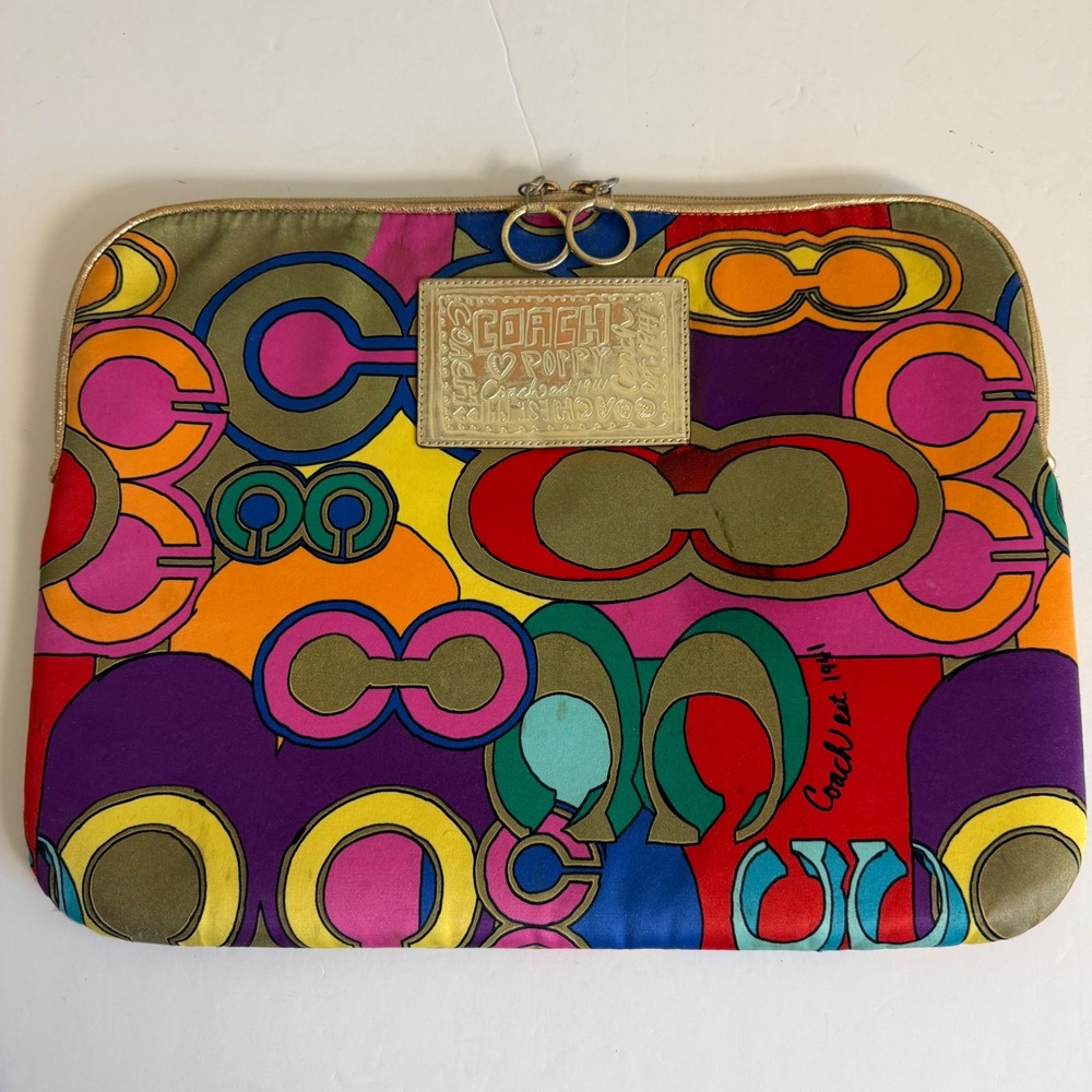 Coach Poppy Laptop Sleeve Case Signature Graphic Print Zip Portfolio Y2K
